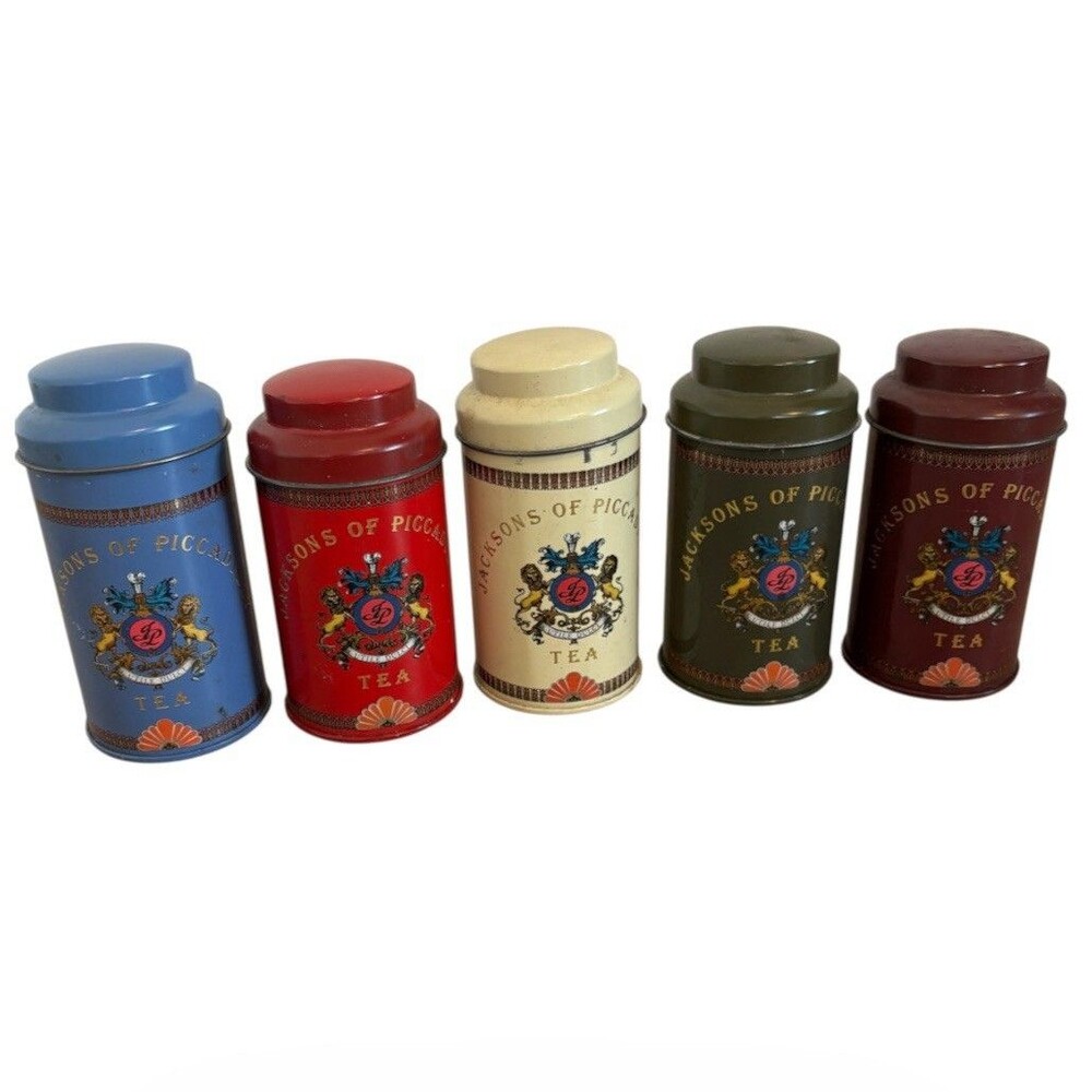 Vintage Jacksons of Piccadilly Tea Tins Set 5 Mini Metal Canisters 4" English